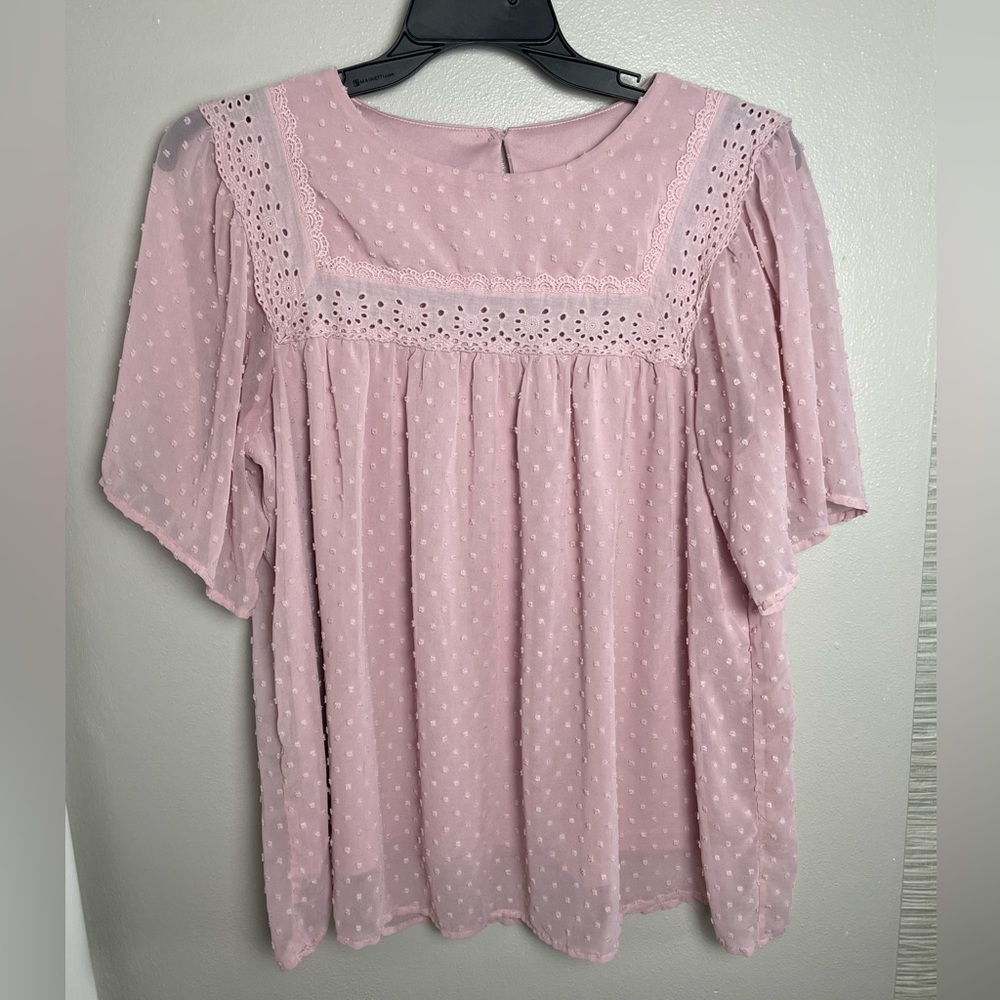 Pink Lace Trim Blouse with Flowy Sleeves